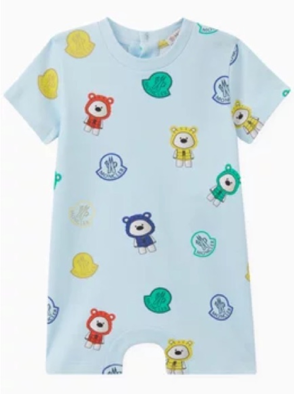 MONCLER ENFANT Logo & Mascot Print Romper in Stretch Interlock Cotton SZ 6/9 Mo